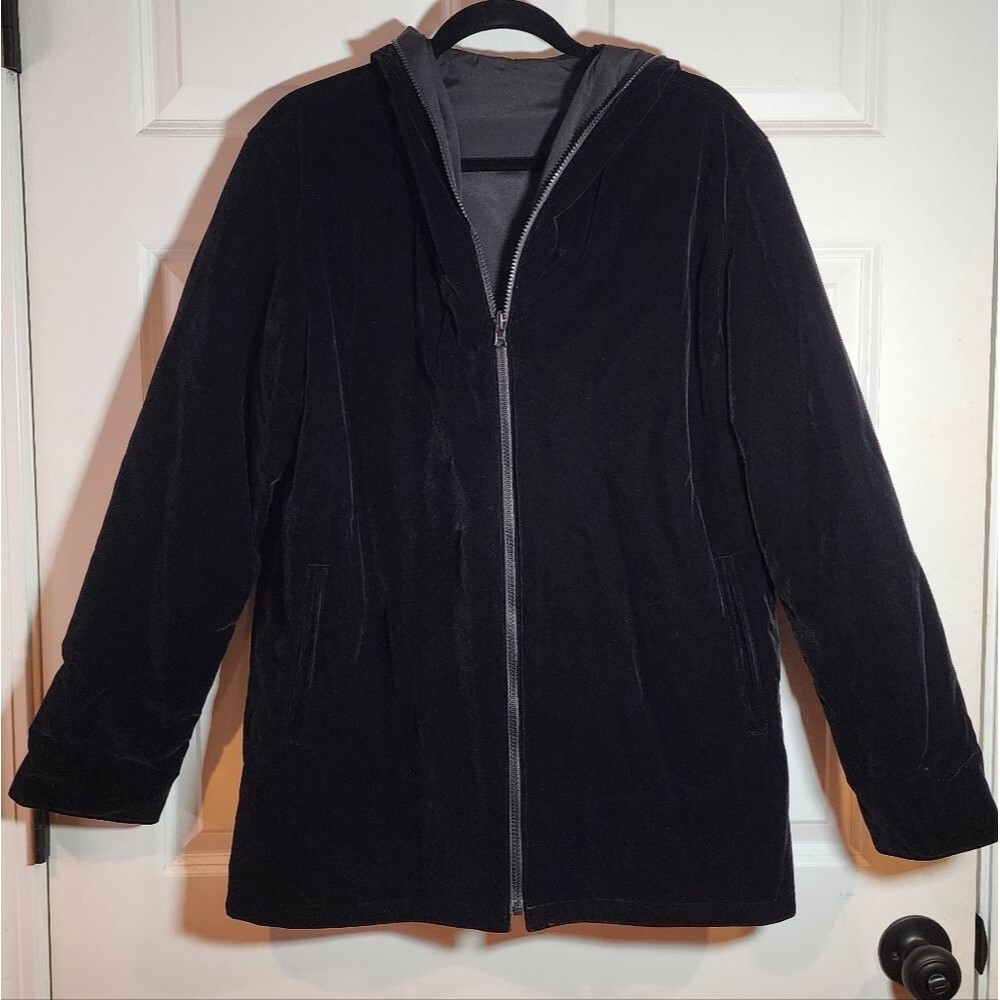 Hilary Radley Vintage Black Velvet Warm Zip Hooded Coat Macau Pockets S